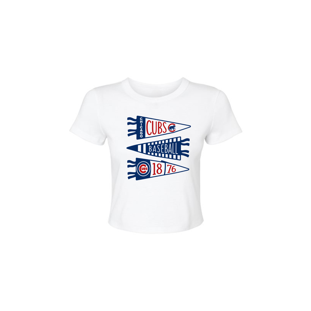 Chicago Cubs Pennant Baby Tee | Women's Vintage Baseball Graphic Tee | White Fitted Tee