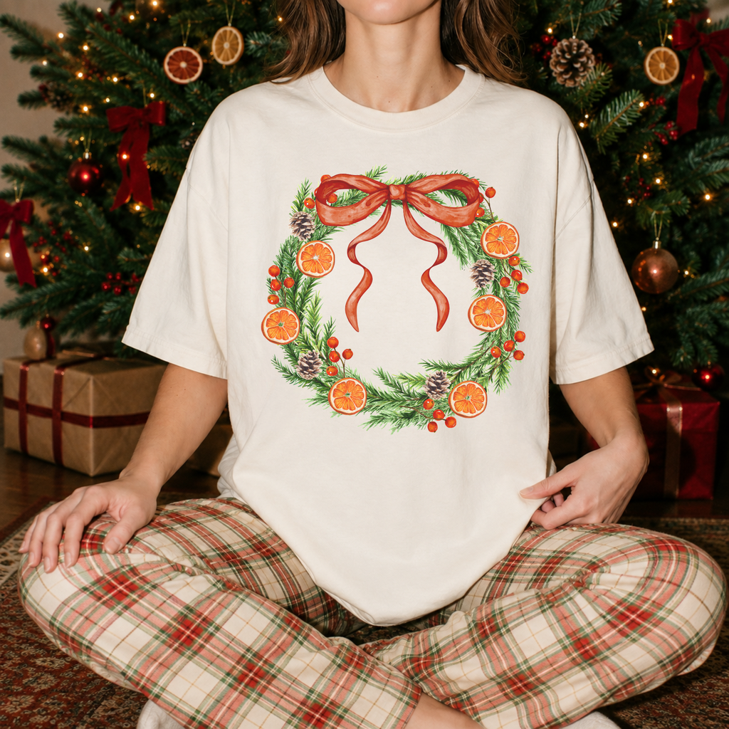 Orange Grove Christmas Wreath Graphic Tee | Vintage Christmas Citrus Wreath Shirt