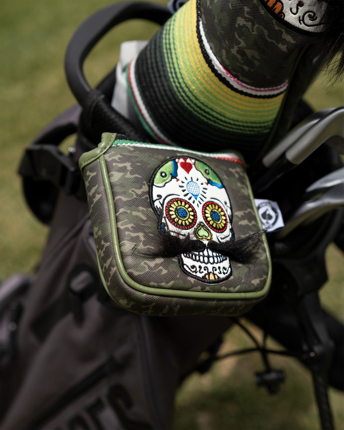 Mustache Sugar Skull - Mallet Putter Cover Green Camo