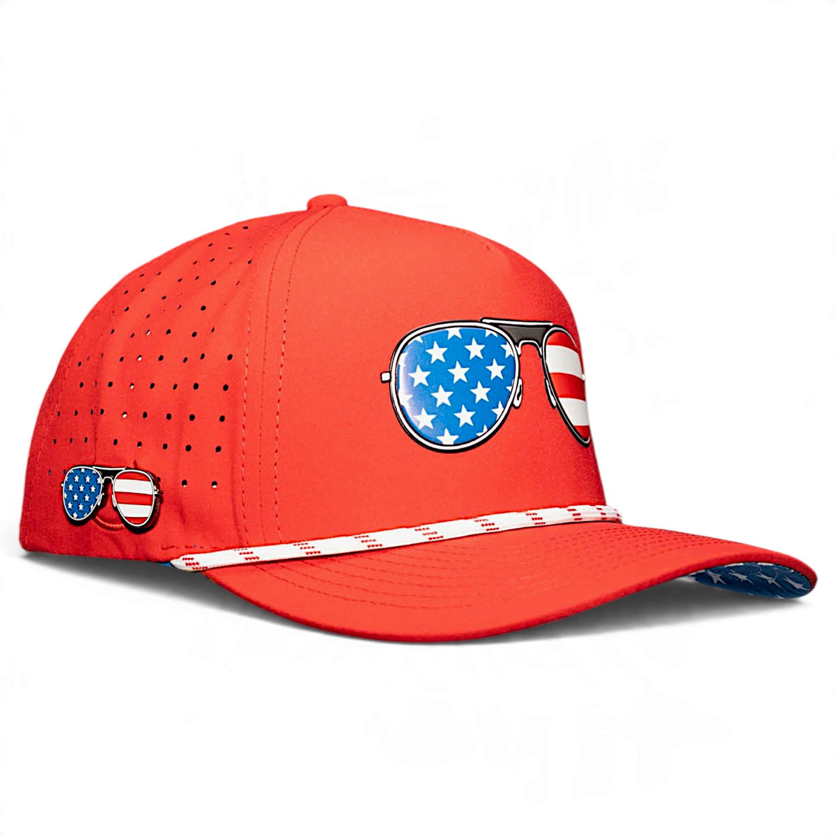 Red, White & View Golf Hat | Snapback Cap | Built-in Magnetic Ball Marker Holder + Marker Included | Adjustable USA Shades