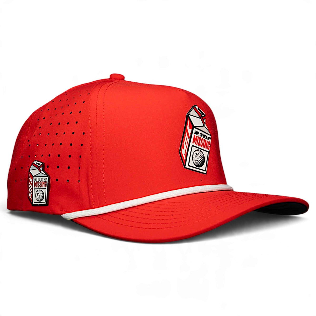 Missing Milk Golf Hat | Snapback Cap | Built-in Magnetic Ball Marker Holder + Marker Included | Missing Golf Ball | Adjustable Red