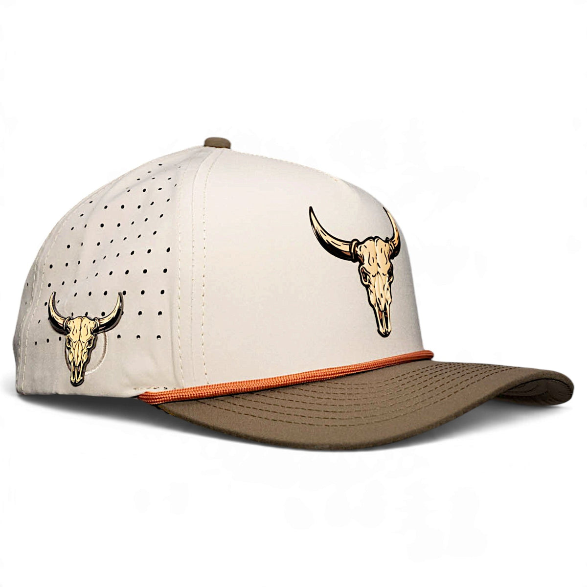 Longhorn Golf Hat | Snapback Cap | Built-in Magnetic Ball Marker Holder + Marker Included | Adjustable Tan Bull Skull