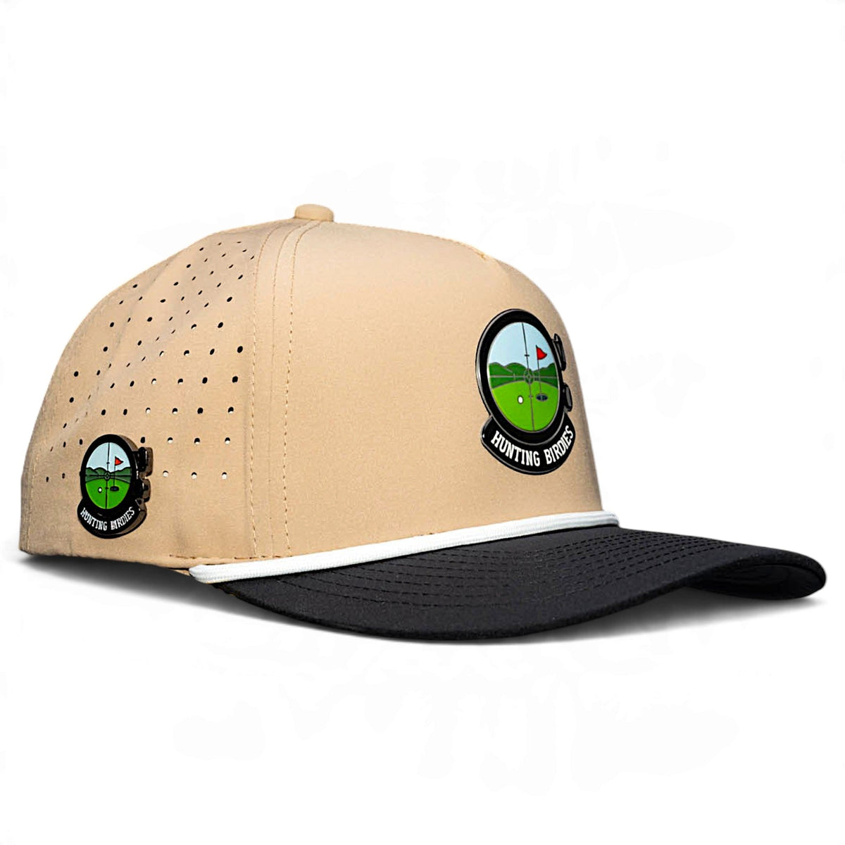 Hunting Birdies Golf Hat | Snapback Cap | Built-in Magnetic Ball Marker Holder + Marker Included | Adjustable Tan & Black