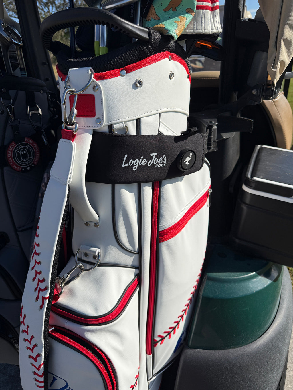 Red/White Magnetic Golf Cart Strap Sleeve | Neoprene Rubber | Dual Accessory Magnets | Glove Holder | Carabiner Bag Attachment | 18.5 x 3.5 in