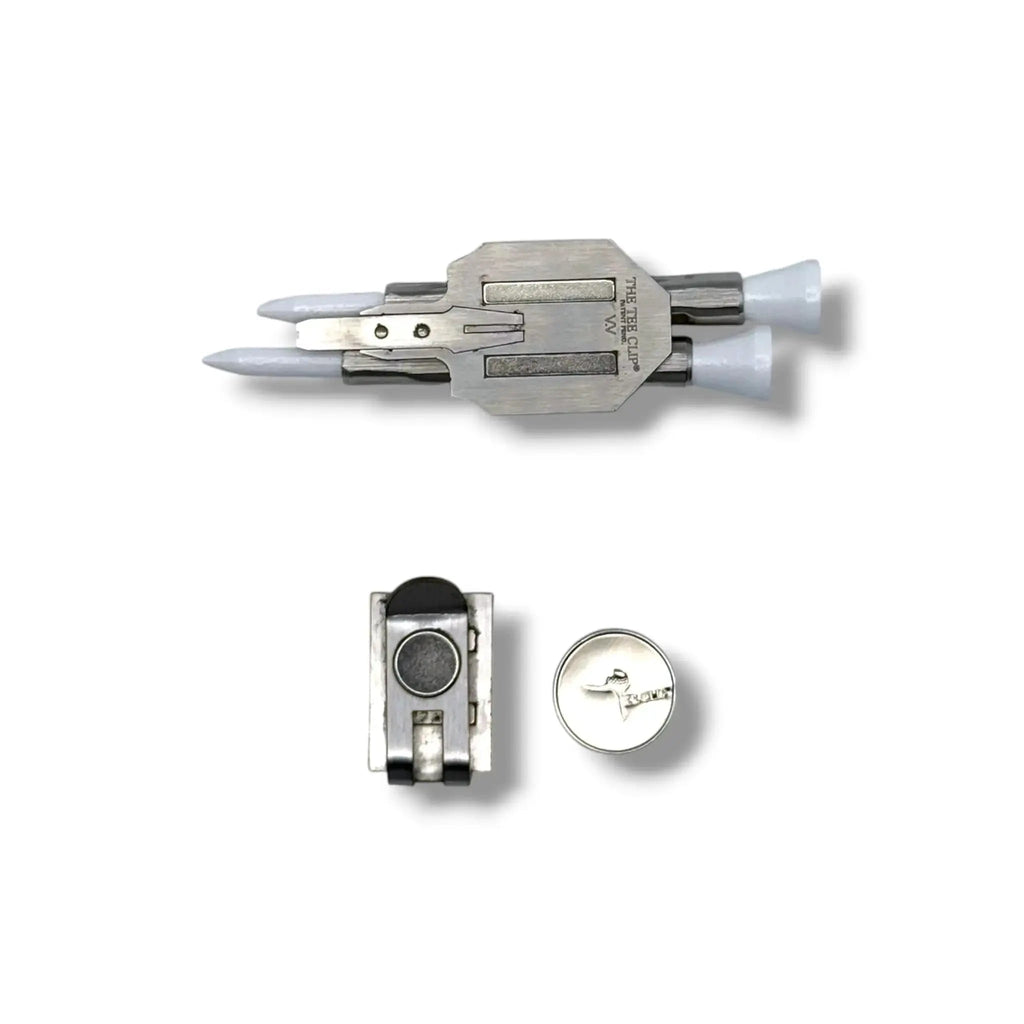 The Tee Clip® V.V (V.5) Premium Kit | 304 Stainless Steel Magnetic Golf Multi-Tool | Dual Tee Holder, Removable Divot Tool, Ball Marker | Duo Clip™ Dual Magnet Hat Clip | USA Made | Patent Pending