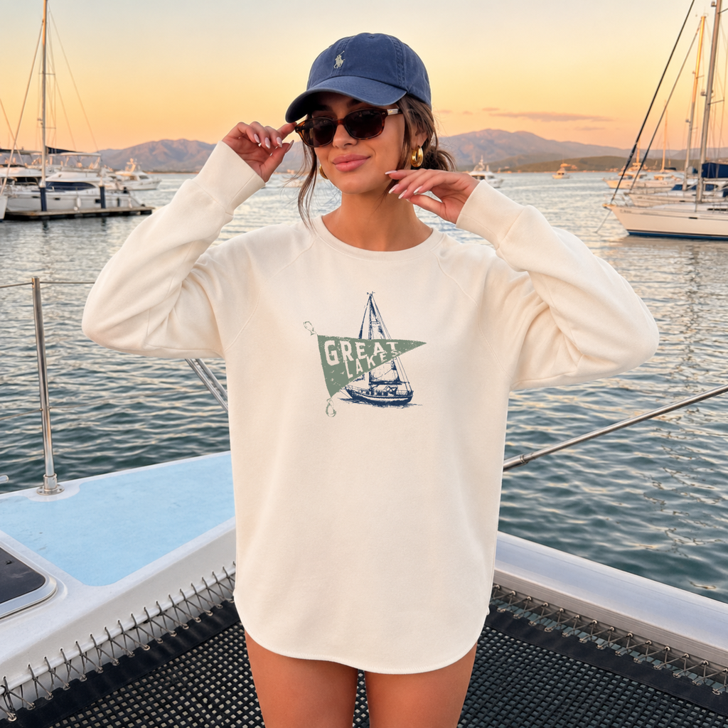 Great Lakes Sailboat Premium Crewneck Sweatshirt | Vintage Lake Life Graphic Pullover