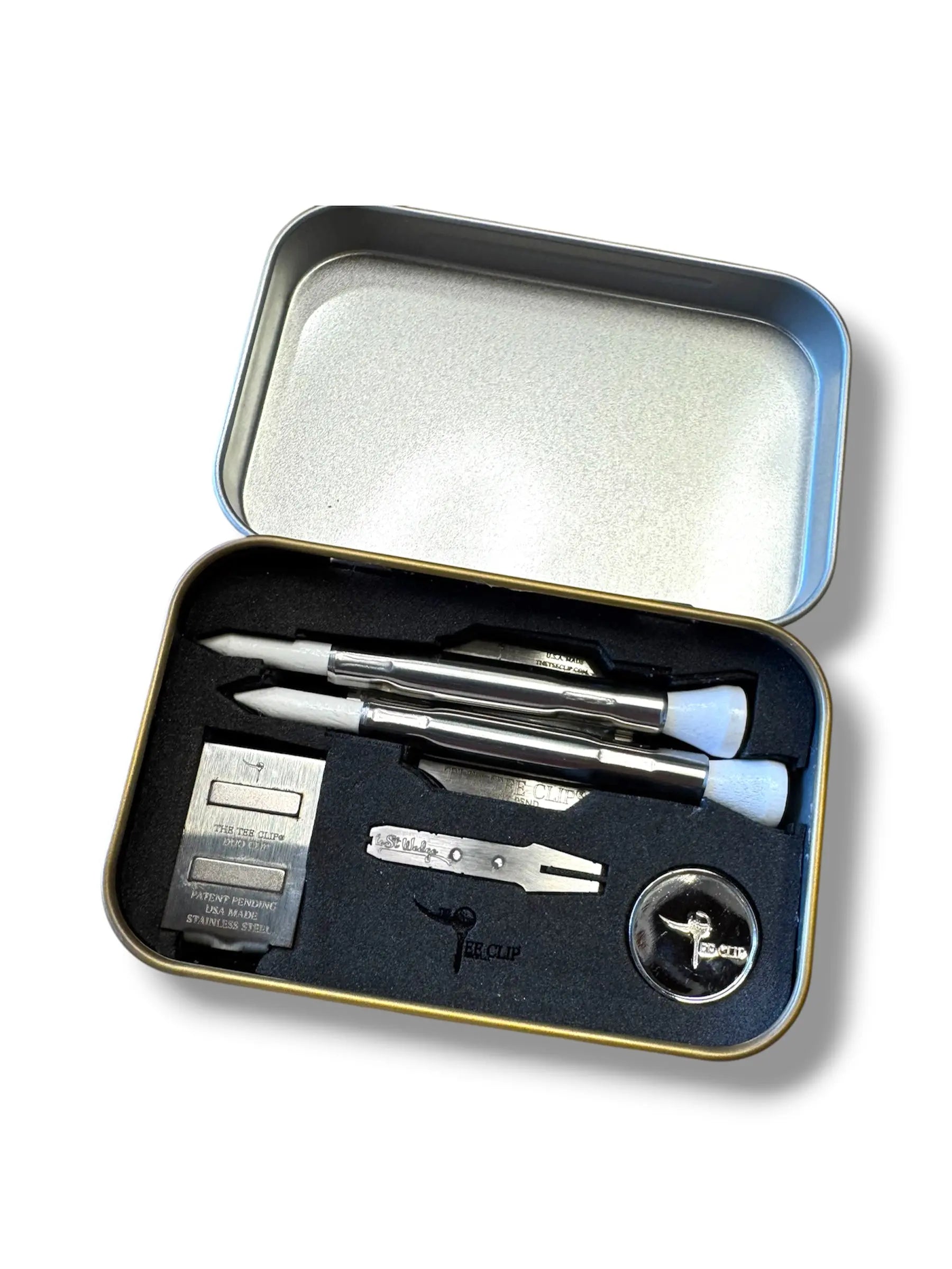 The Tee Clip® V.V (V.5) Premium Kit | 304 Stainless Steel Magnetic Golf Multi-Tool | Dual Tee Holder, Removable Divot Tool, Ball Marker | Duo Clip™ Dual Magnet Hat Clip | USA Made | Patent Pending