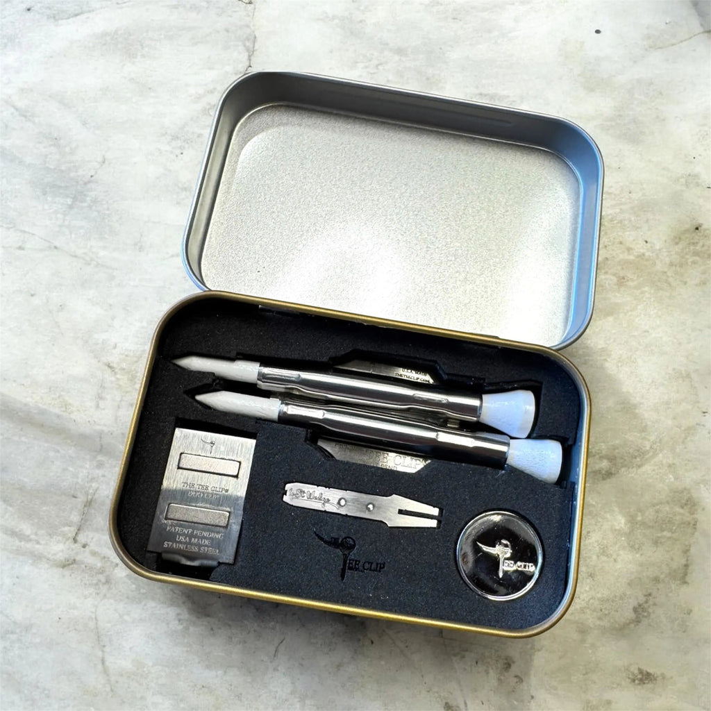 The Tee Clip® V.V (V.5) Premium Kit | 304 Stainless Steel Magnetic Golf Multi-Tool | Dual Tee Holder, Removable Divot Tool, Ball Marker | Duo Clip™ Dual Magnet Hat Clip | USA Made | Patent Pending