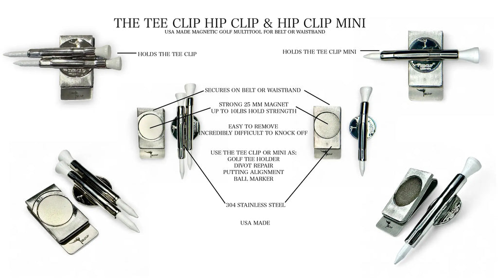 The Tee Clip® Hip Clip™: USA Made Magnetic Golf Multi Tool Tee Holder For Belt or Waistband