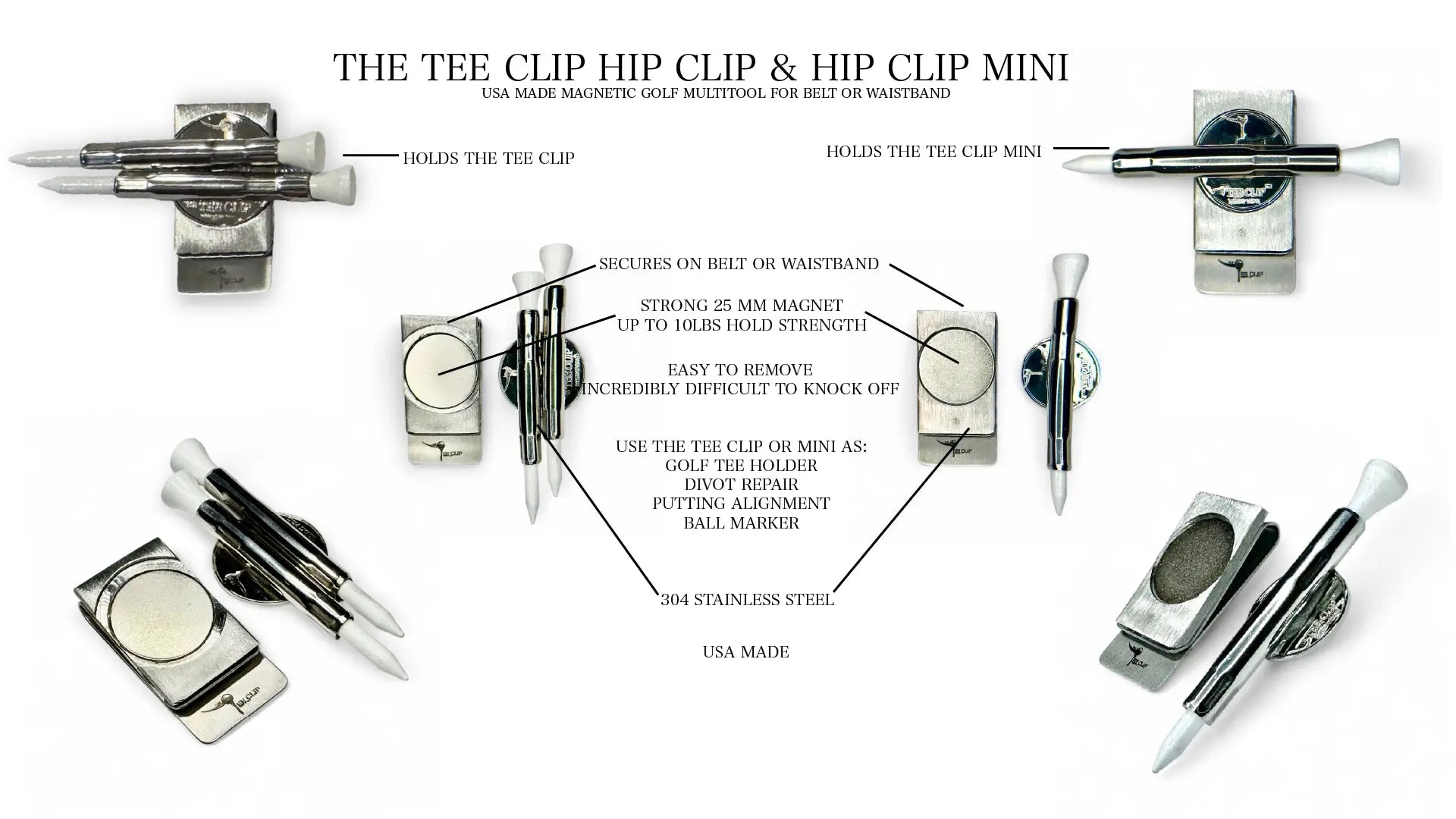 The Tee Clip® Hip Clip™: USA Made Magnetic Golf Multi Tool Tee Holder For Belt or Waistband