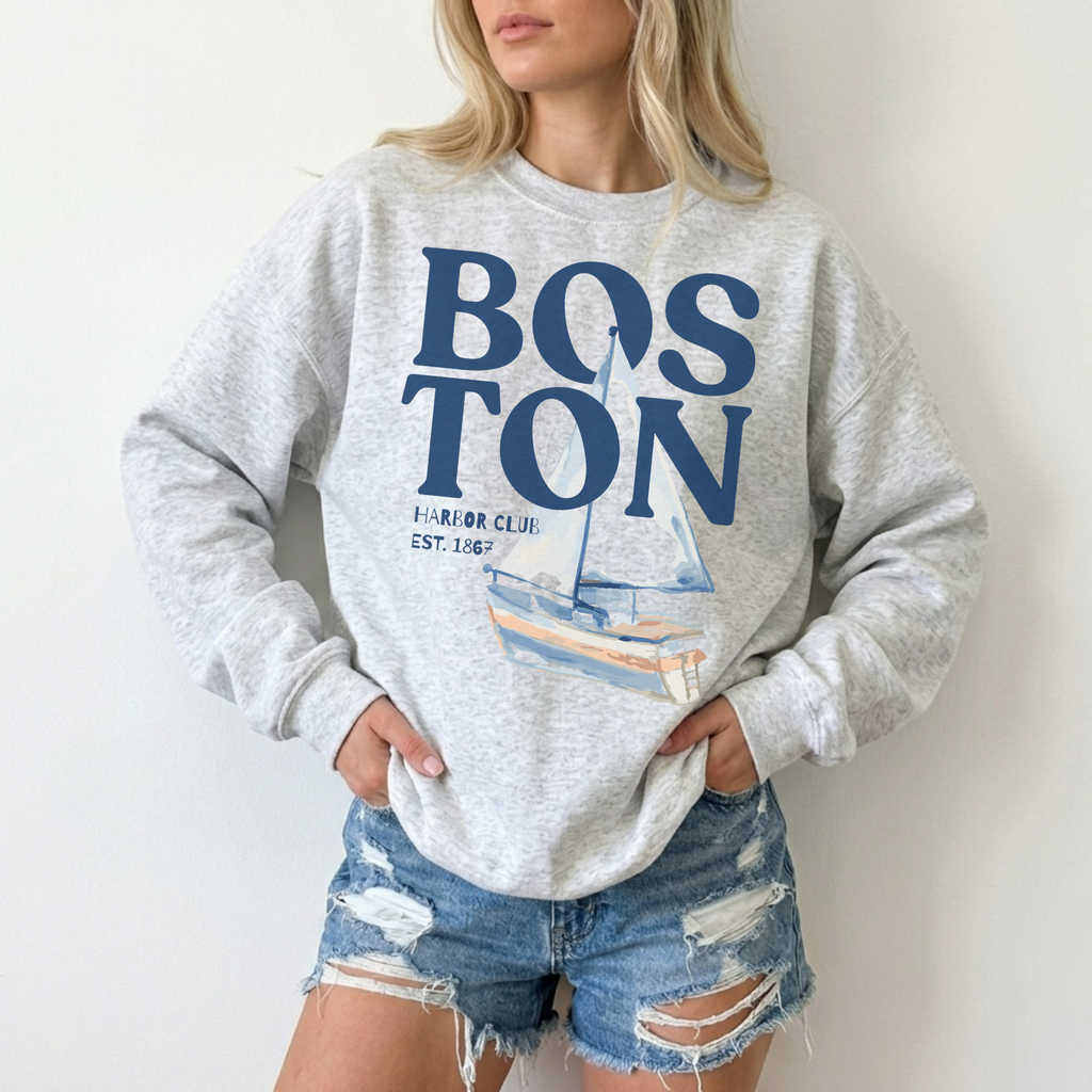 Boston Harbor Club Coastal Sailboat Sweatshirt | Vintage Nautical Graphic Crewneck