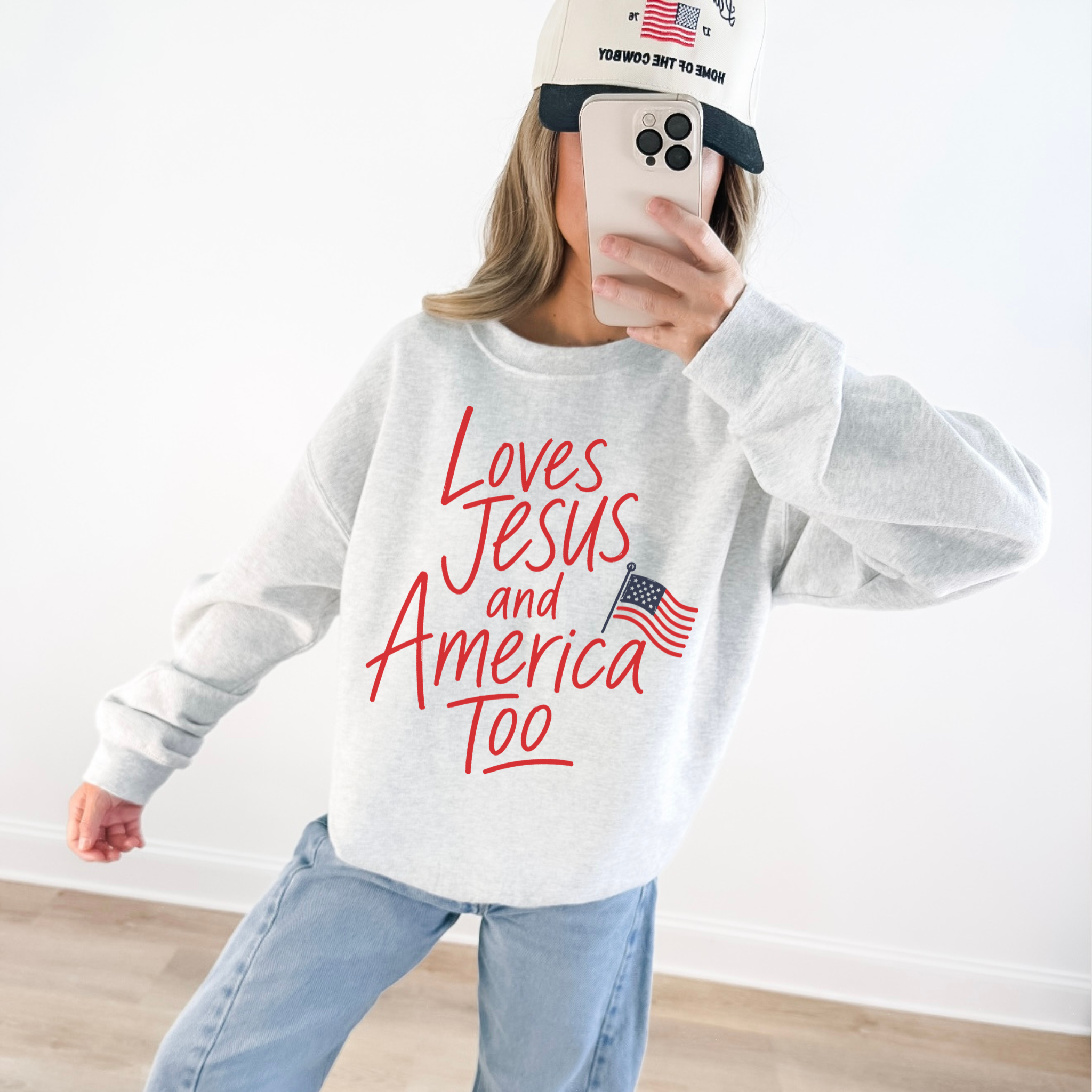 Loves Jesus and America Too Patriotic Sweatshirt