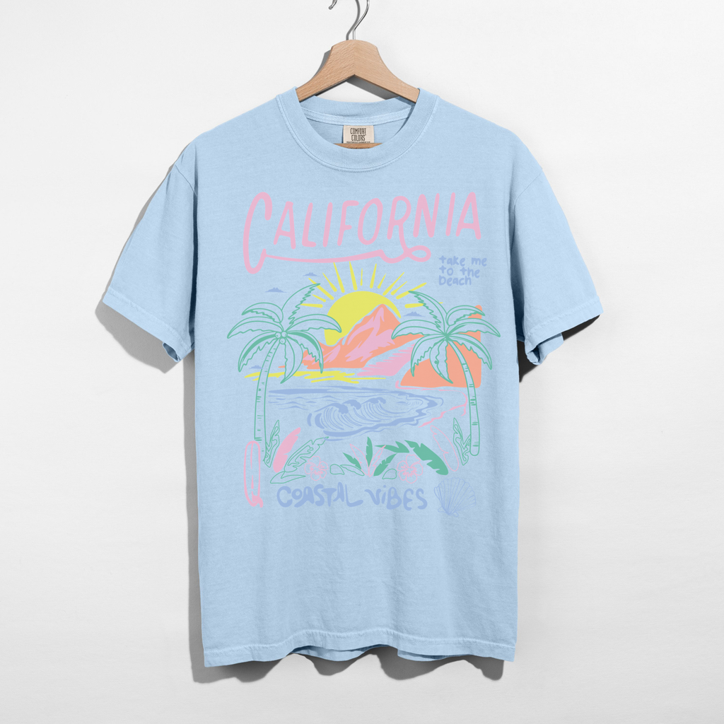 California Coastal Vibes Graphic Tee – Beach Sunset Shirt