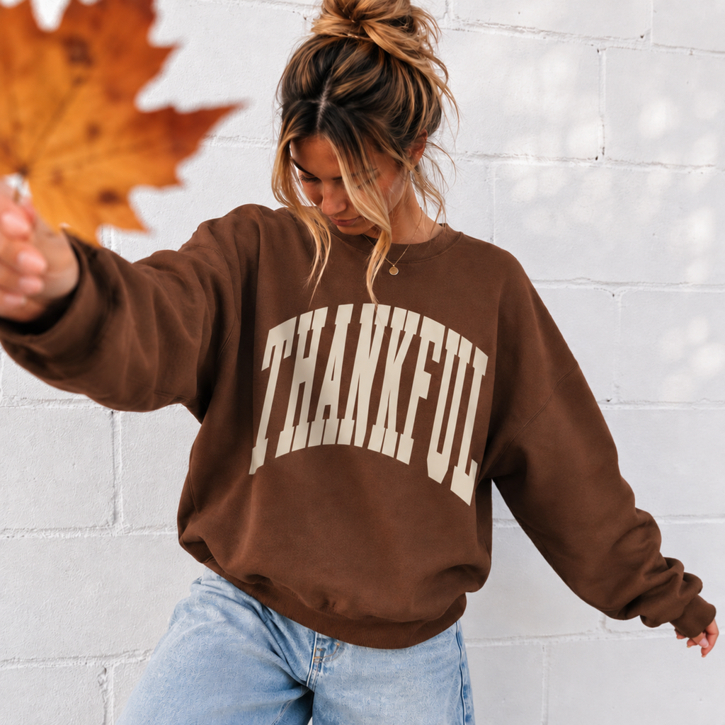 Thankful Graphic Sweatshirt | Chestnut Brown Thanksgiving Crewneck
