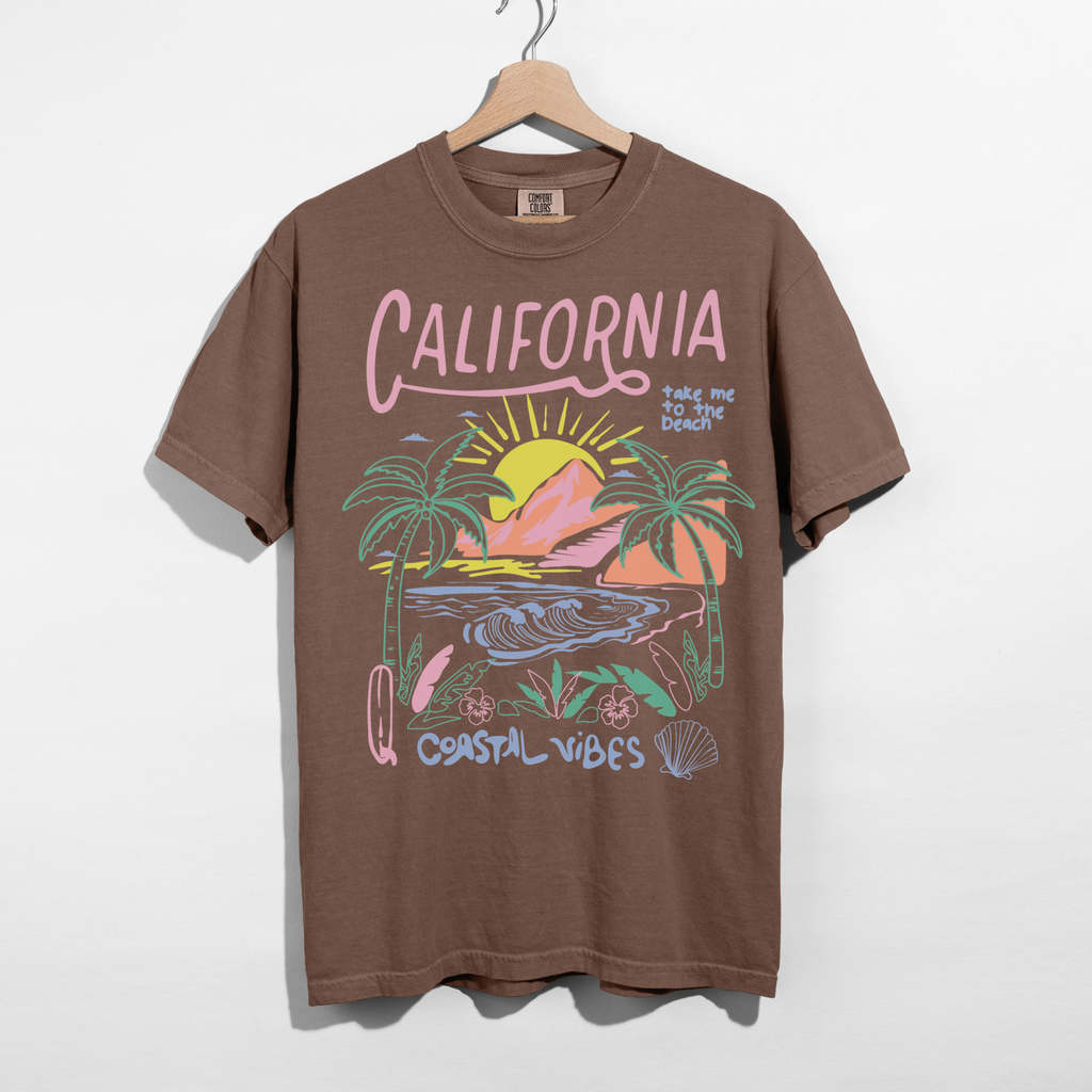 California Coastal Vibes Graphic Tee – Beach Sunset Shirt