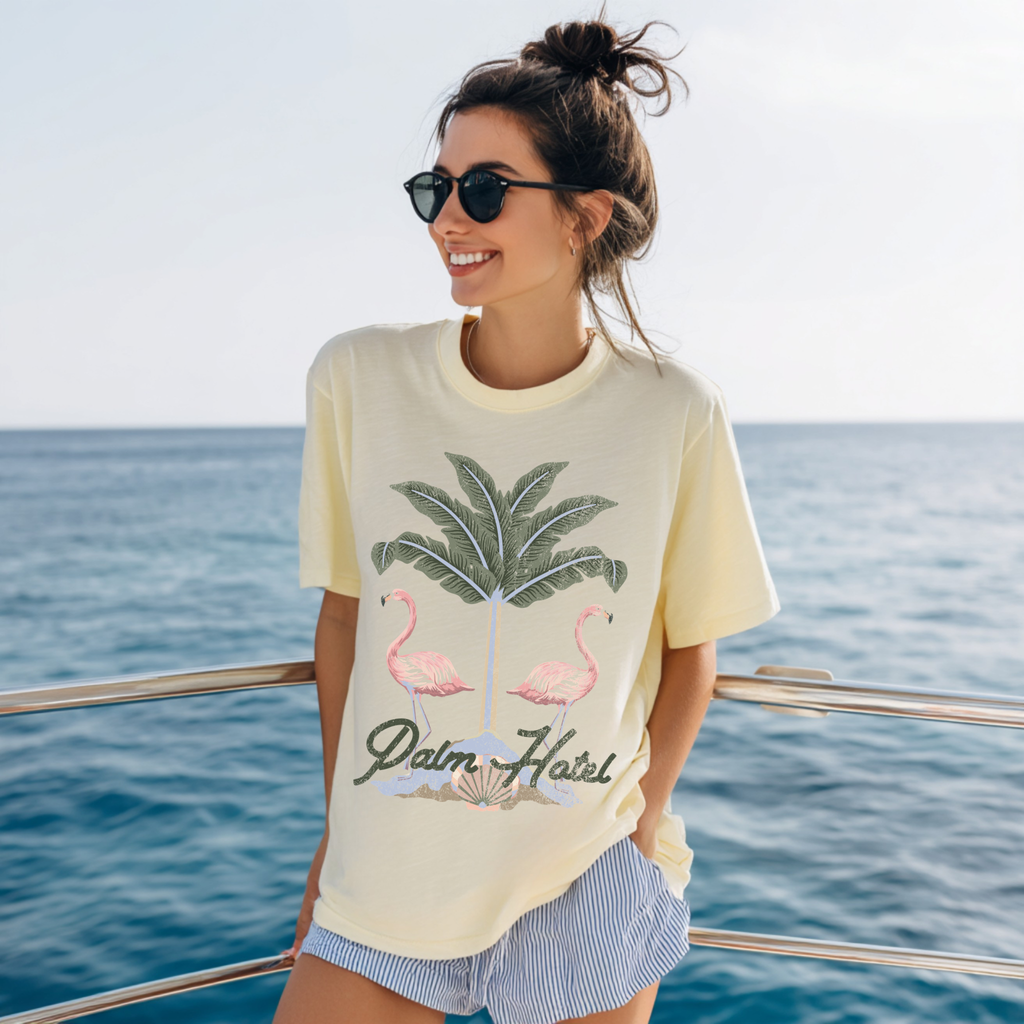 Palm Oasis Flamingo Graphic Tee | Beach Vacation Aesthetic Tee | Summer Resort Style |