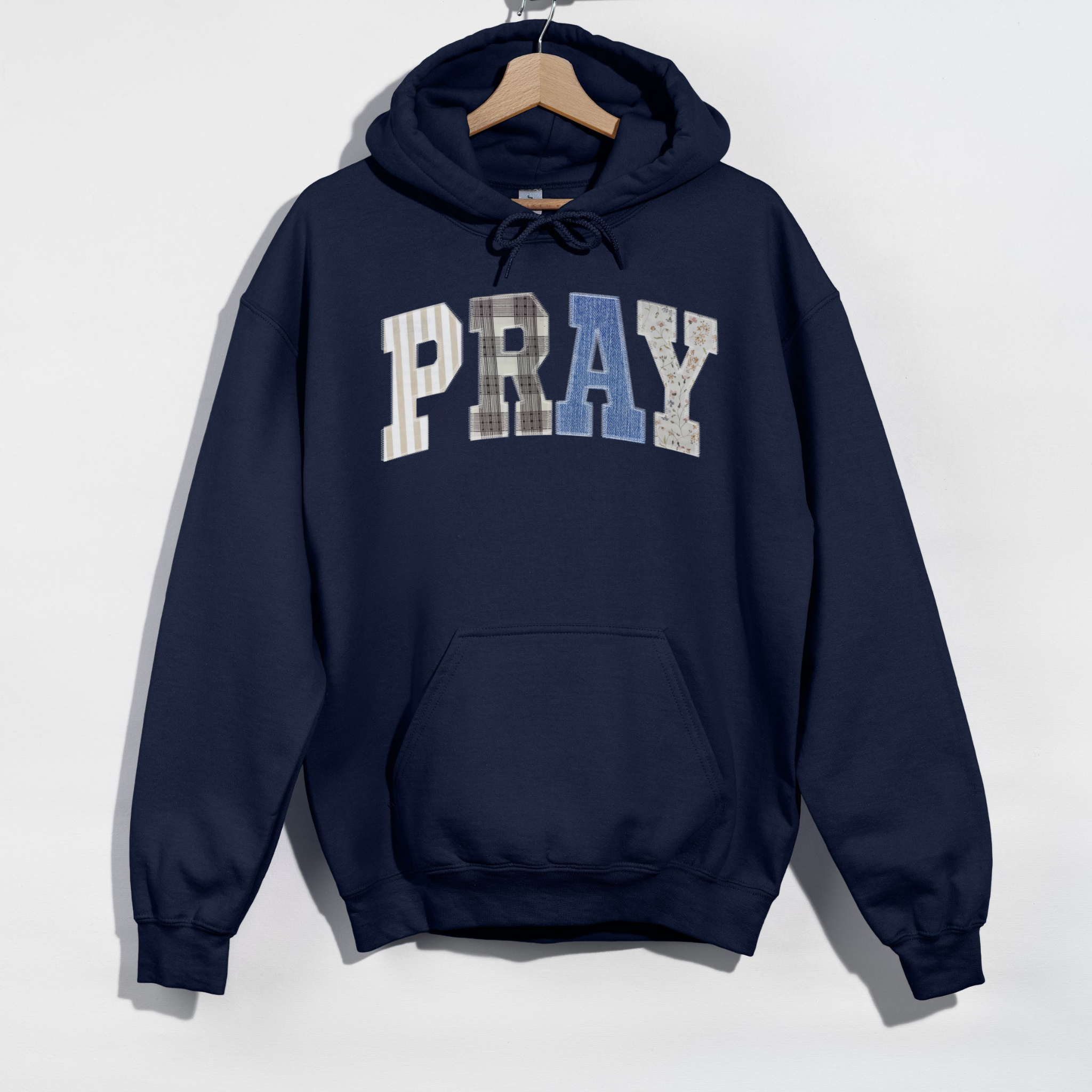 PRAY Patchwork Hoodie – Faith-Inspired Cozy Sweatshirt