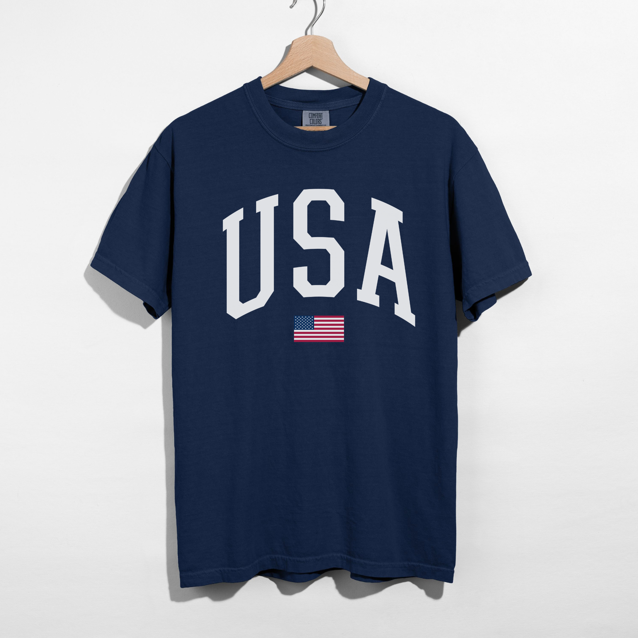 USA Varsity Graphic Tee – White Letter Patriotic Shirt