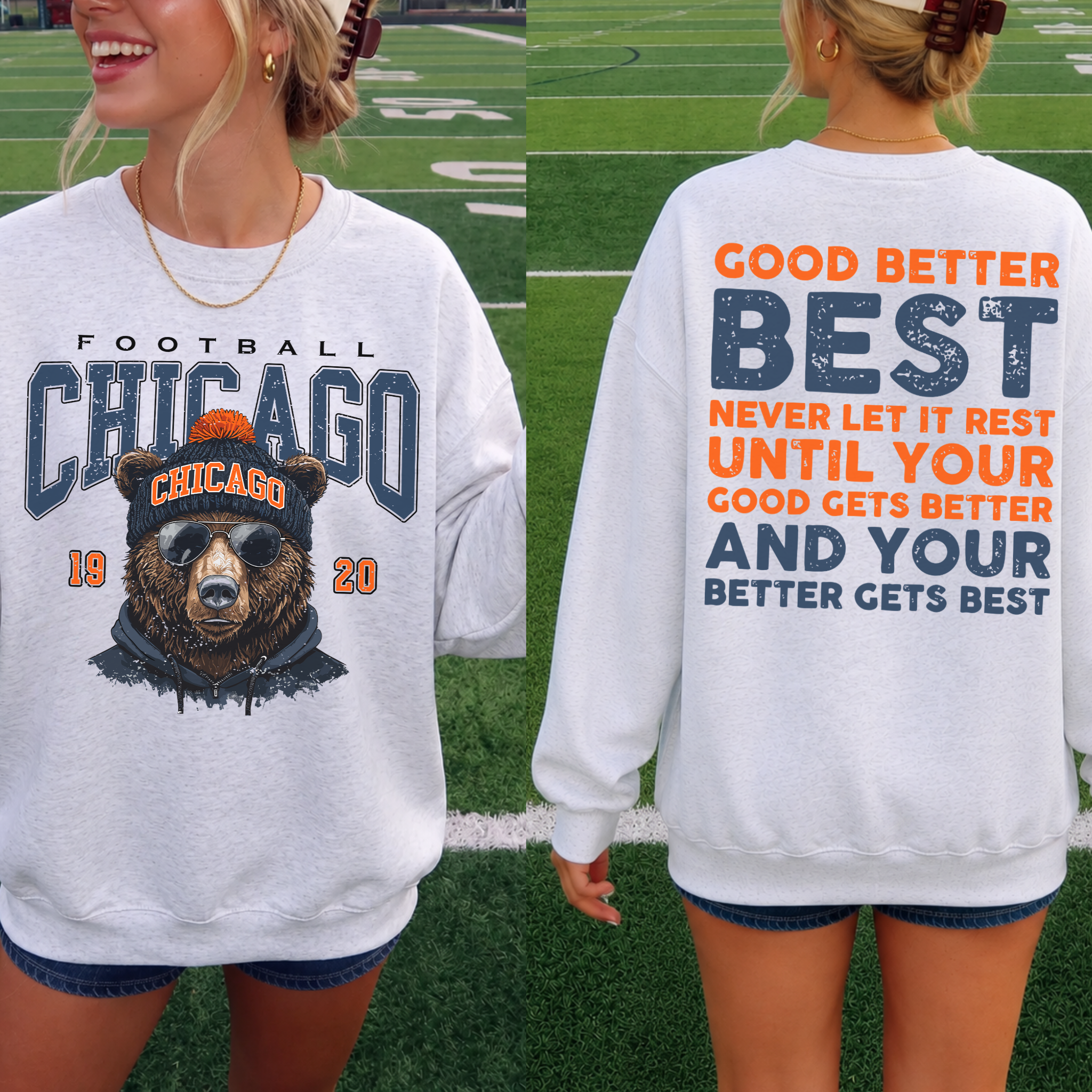 Chicago Football Bear Crewneck Sweatshirt – Good Better Best Motivational Back