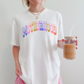 Retro Motherhood Graphic Tee | Colorful Collegiate Mom Shirt