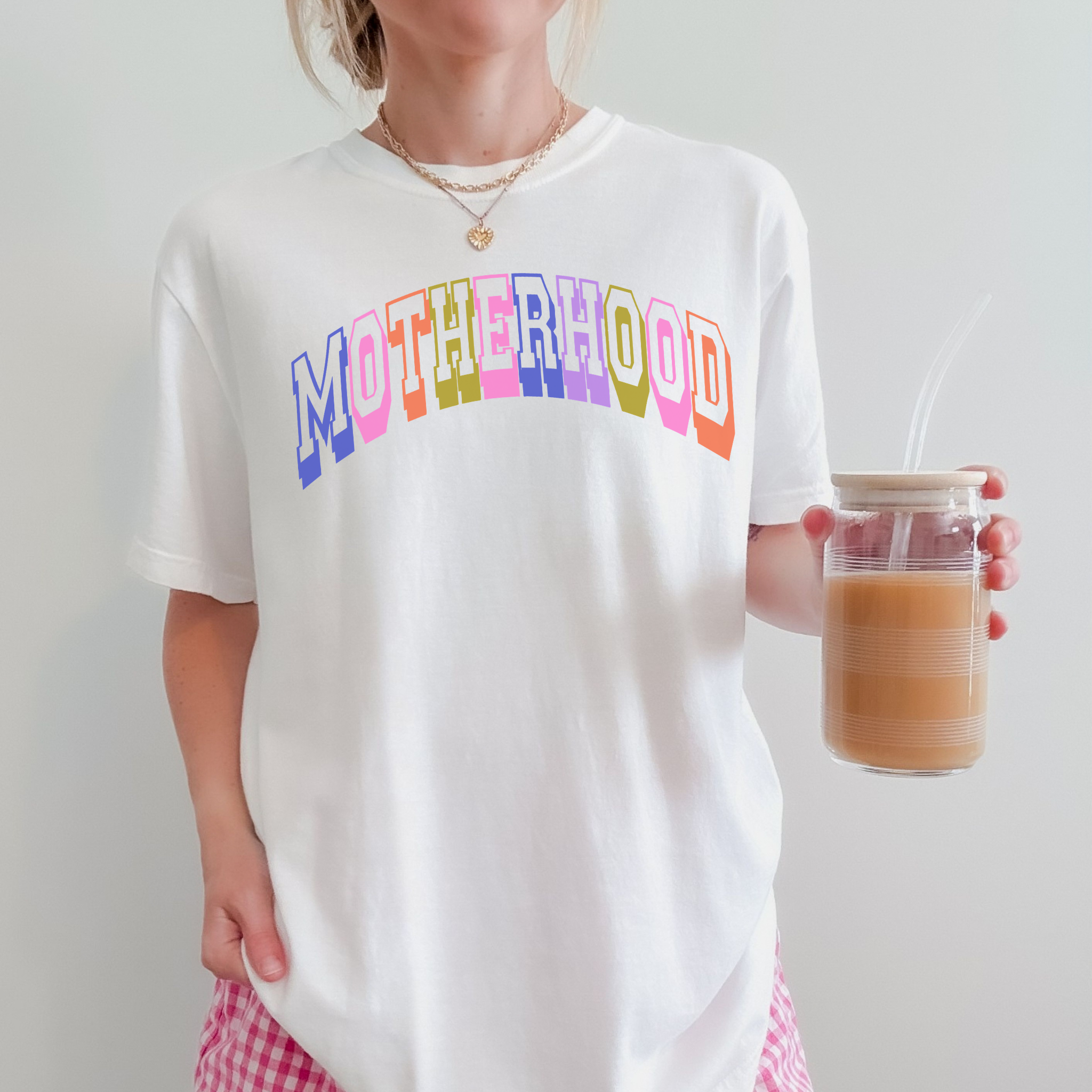 Retro Motherhood Graphic Tee | Colorful Collegiate Mom Shirt